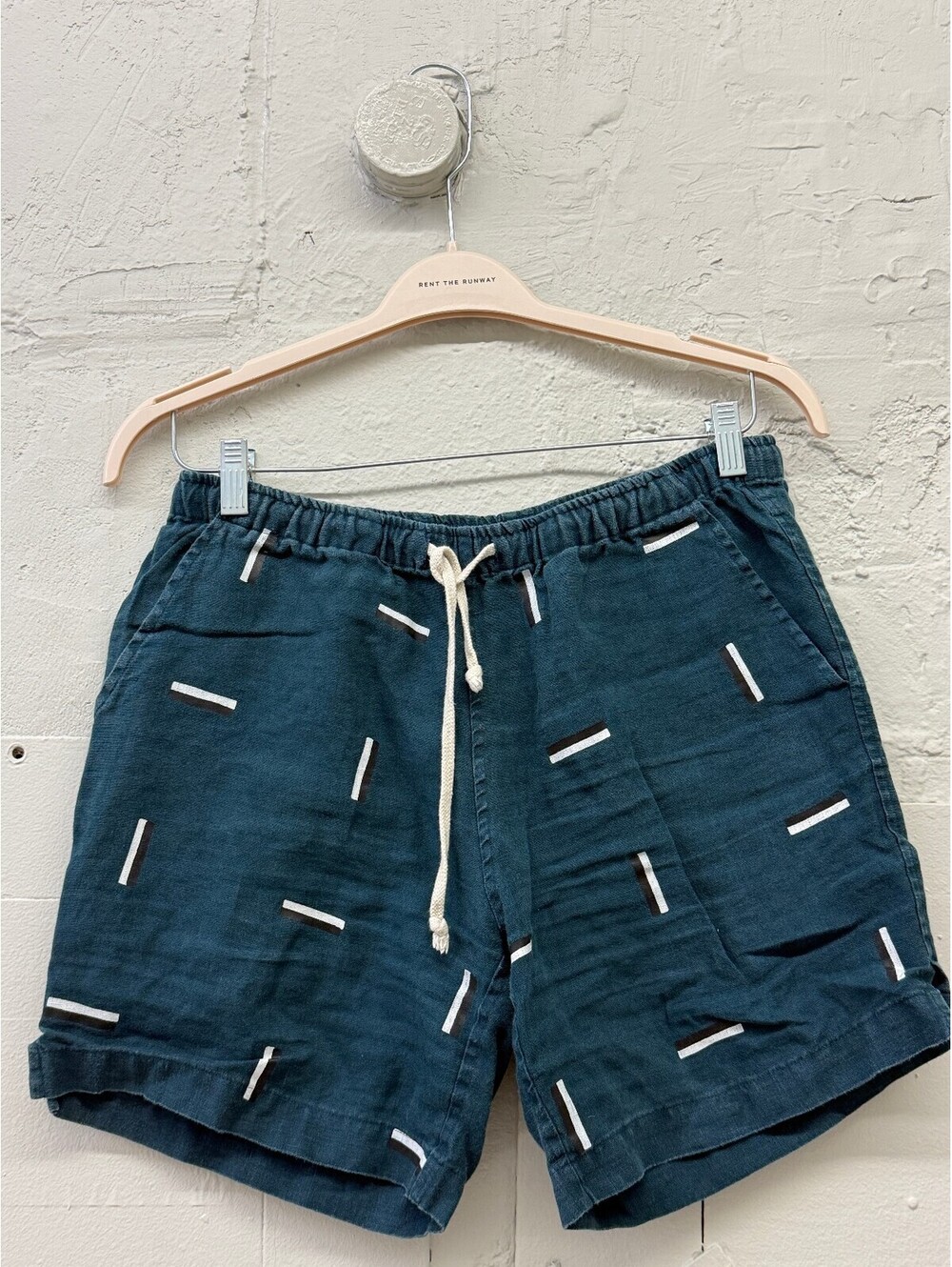 Alex Crane Men's Dark Teal Bo Linen Shorts with White geometric Detailing